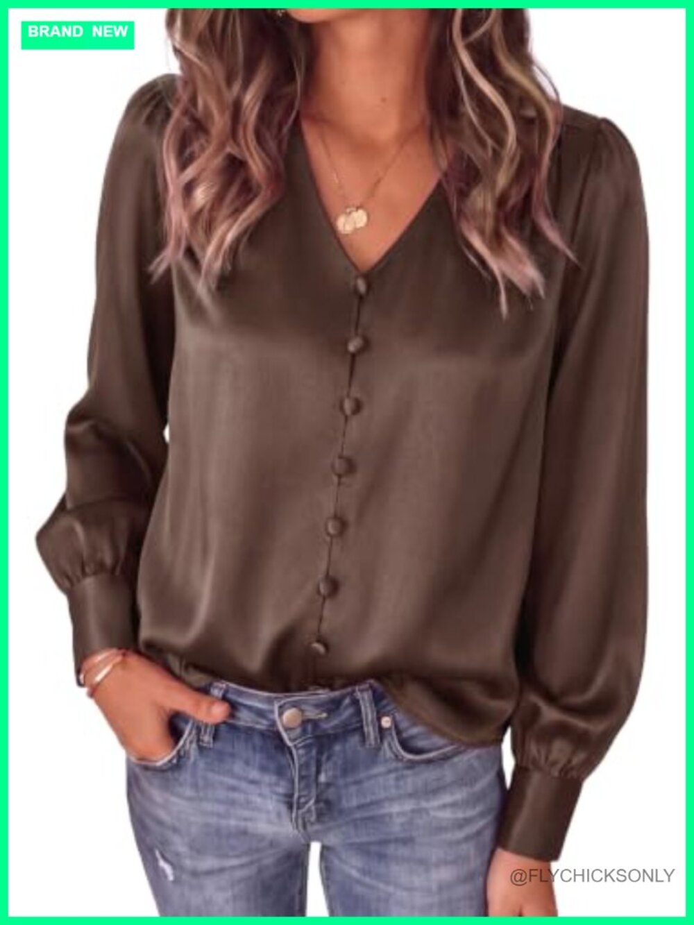 Satin Blouse Long Lantern Sleeve V-Neck Pullover Work Top